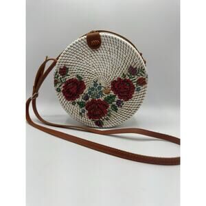 Bali Rattan Round Floral Embroidered Crossbody Bag Brown Strap Excellent Used